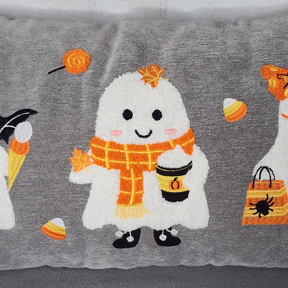 Halloween Ghost Lumbar Pillow Gray Embroidered Candy Corn Pumpkin Fall 14x24 NEW